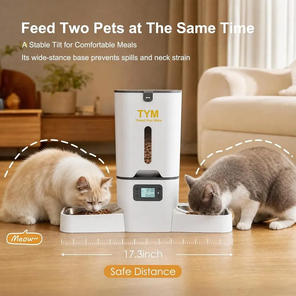 TYM Automatic Cat Feeder 2 Cats, 7L Cat Dry Food Dispenser with Double Bowls